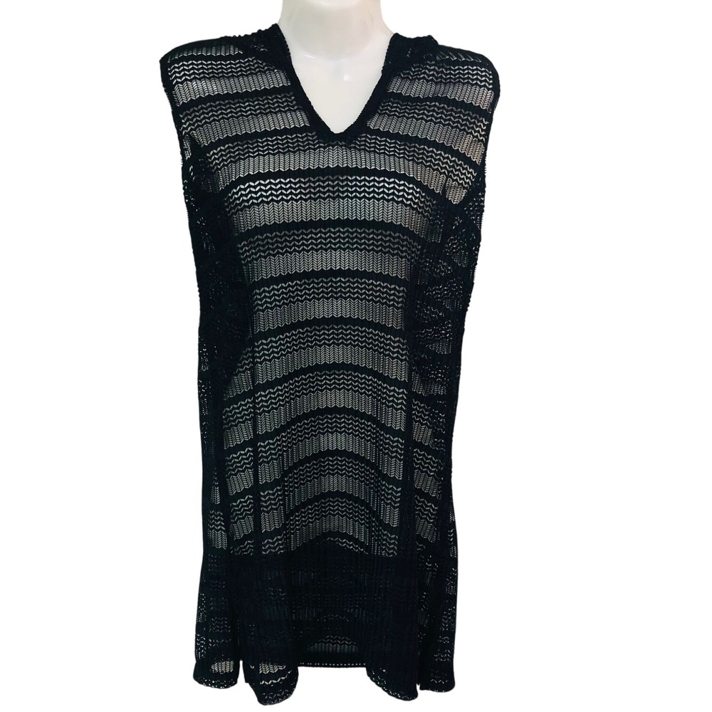 NWT Portocruz Crochet Hooded‎ Dress Womens S Black Open Knit Mesh Cover Up Beach
